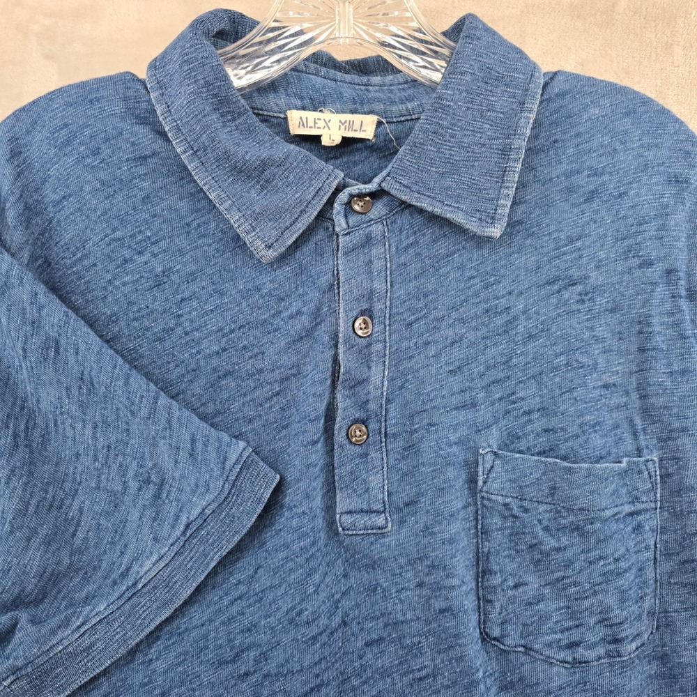 Alex Mill Polo Shirt Mens Large Blue Indigo Dyed Slub Cotton Short Sleeve Pocket
